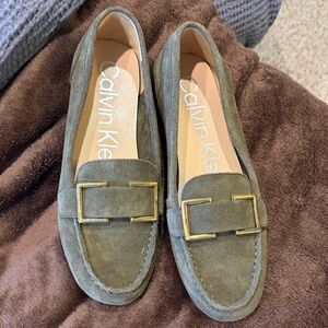 Calvin Klein Olive Suede Loafers with Gold Buckle